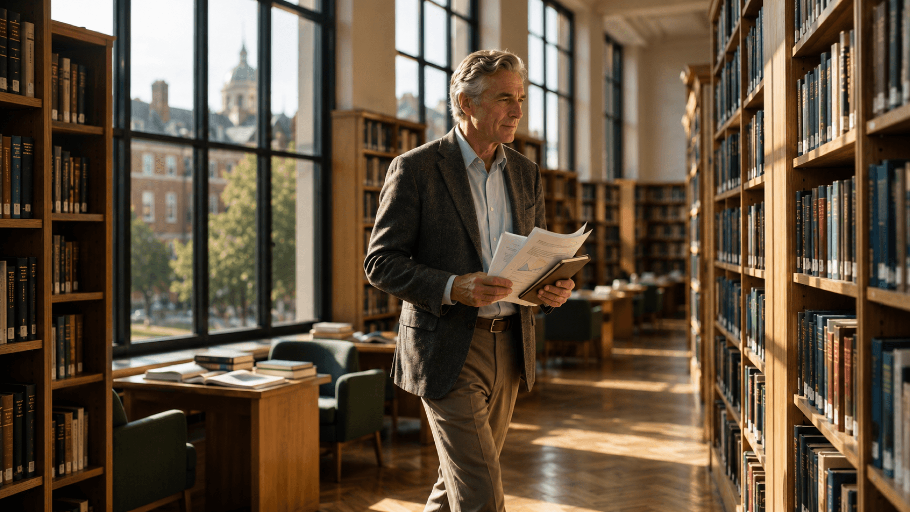 Scholar reviewing research in a university library